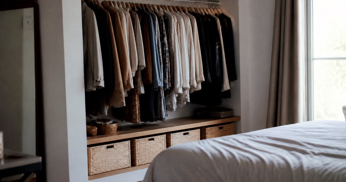 Penderie murale integree dans chambre avec vetements suspendus