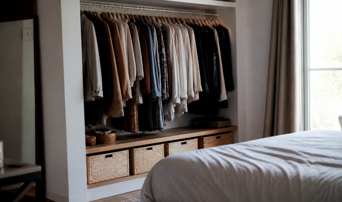 Penderie murale integree dans chambre avec vetements suspendus