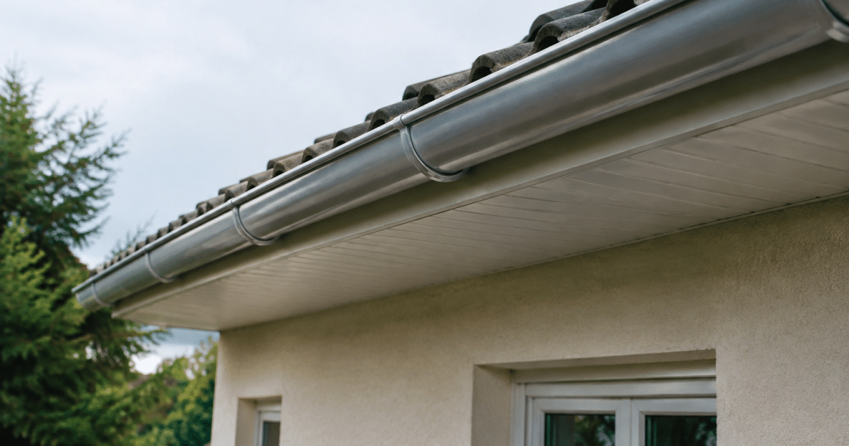 Gouttiere aluminium installee horizontalement sous rebord toit maison