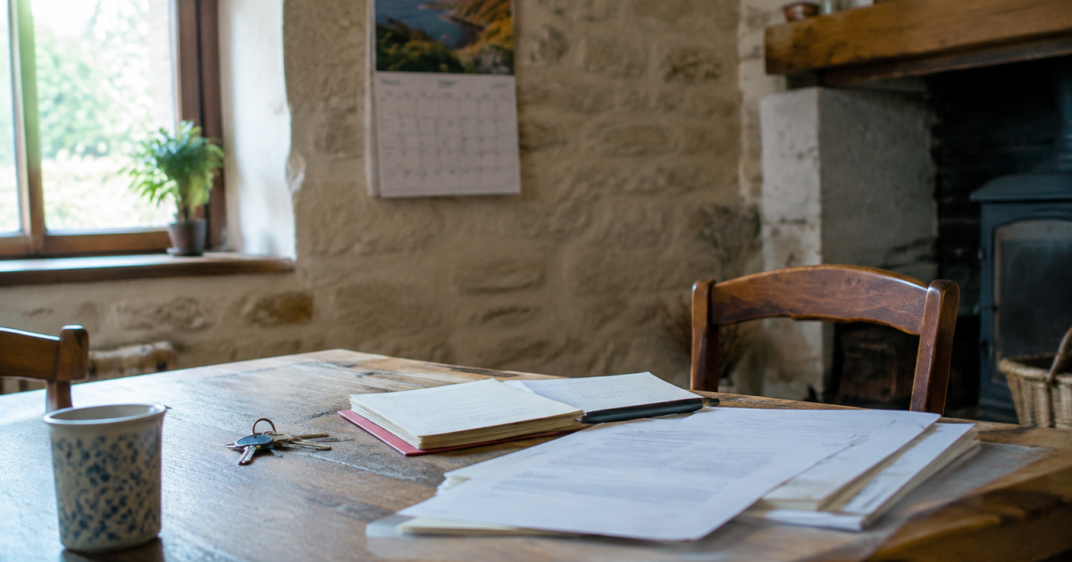 Maison ancienne avec documents de vente et calendrier mural
