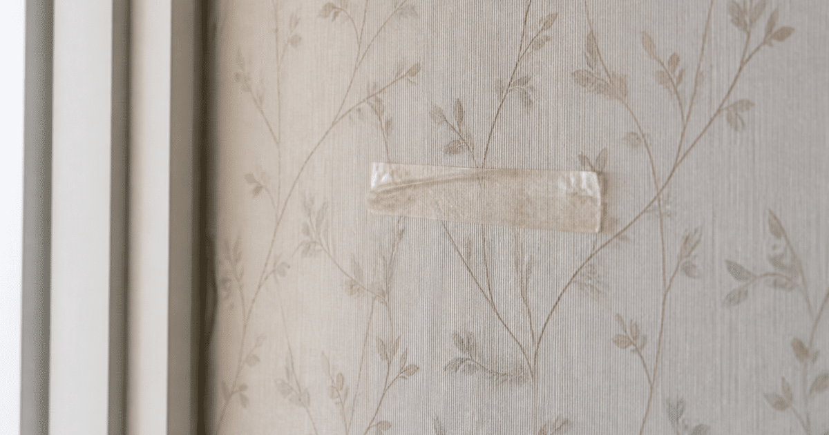 Rouleau adhesif applique sur surface murale revetue papier peint