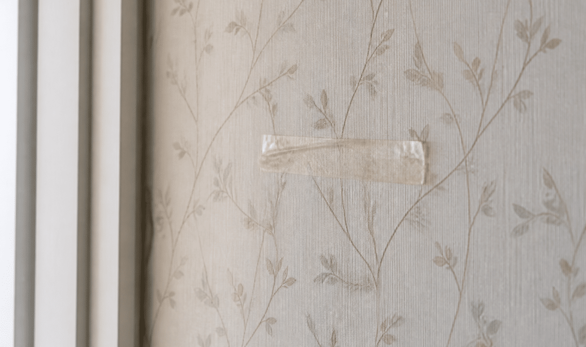 Rouleau adhesif applique sur surface murale revetue papier peint