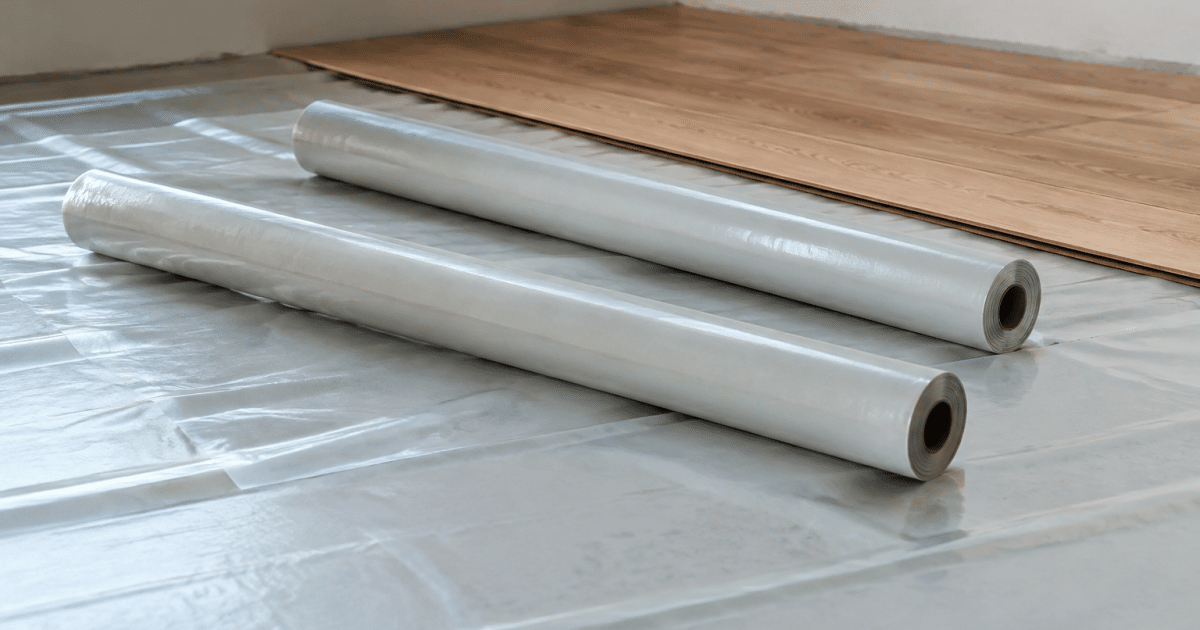 Rouleaux de pare-vapeur places horizontalement sous parquet flottant