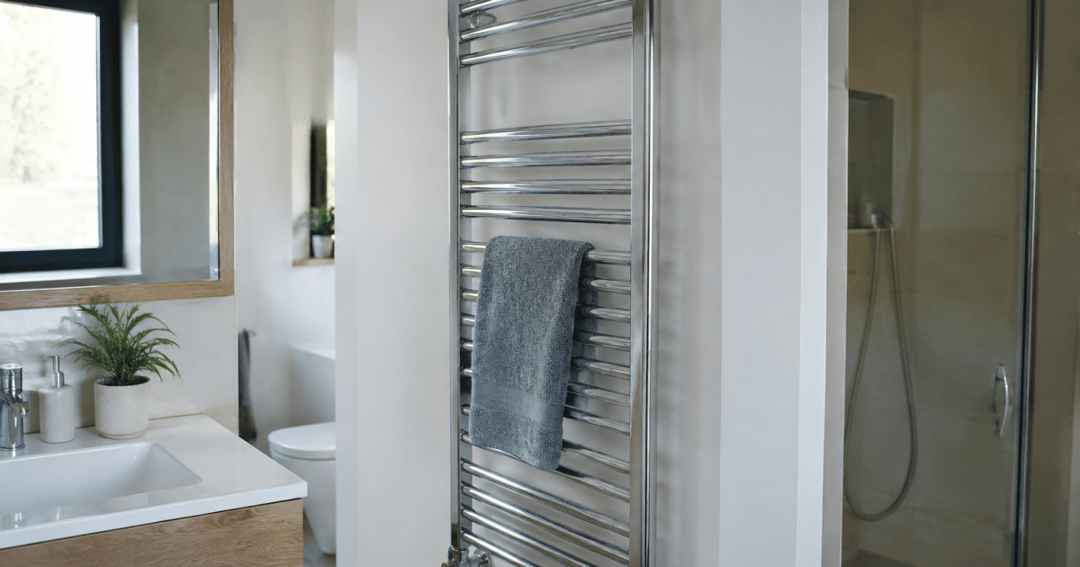 Radiateur metallique chrome monte verticalement sur mur blanc salle bain