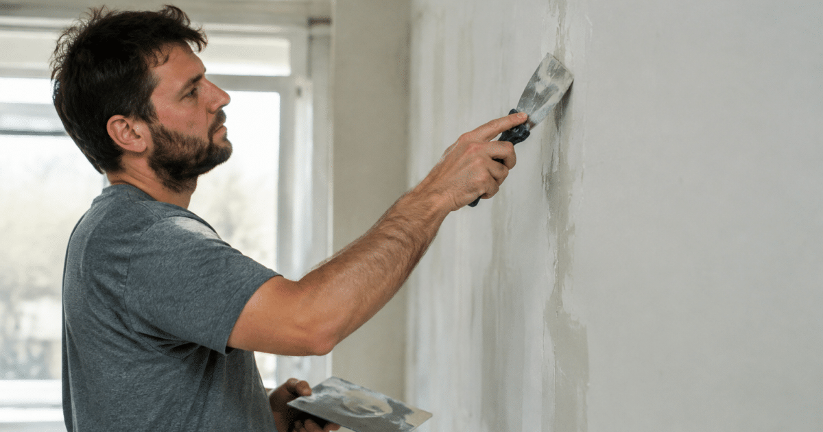Homme spatule levee reparant fissure mur blanc placo