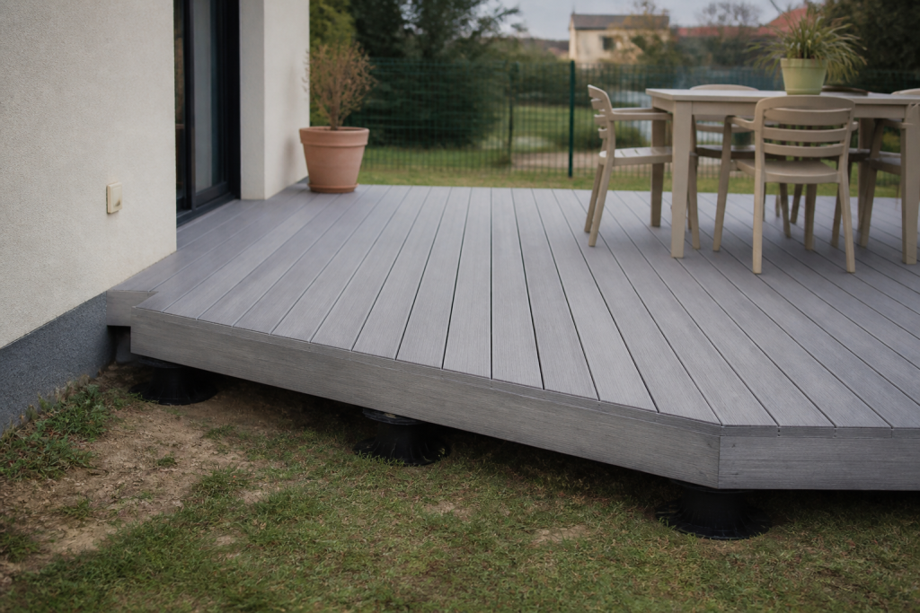 Terrasse bois grise supportee par plots noirs