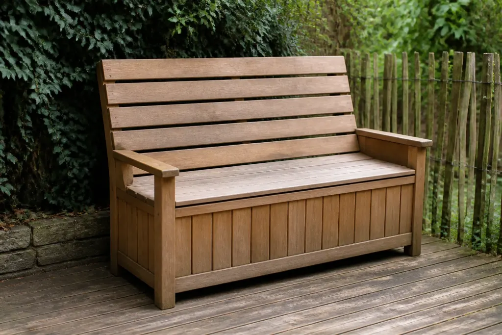 Banc en bois avec dossier incline et coffre