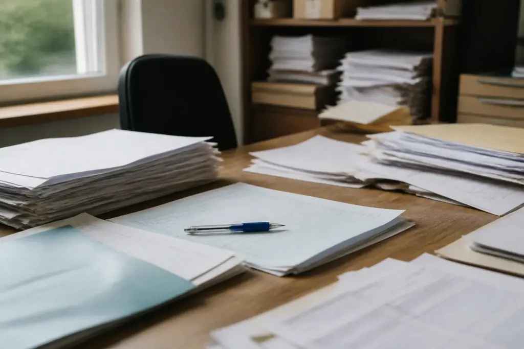 Bureau couvert de formulaires administratifs, stylo et calendrier entoure