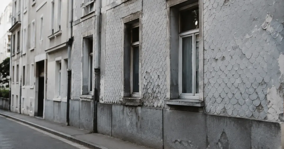 Facades urbaines grises murs ecailles peinture degradee
