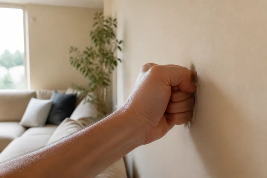 Main frappant un mur beige dans un salon lumineux