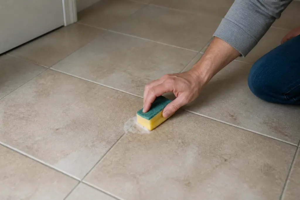 Main testant un nettoyant sur carrelage beige