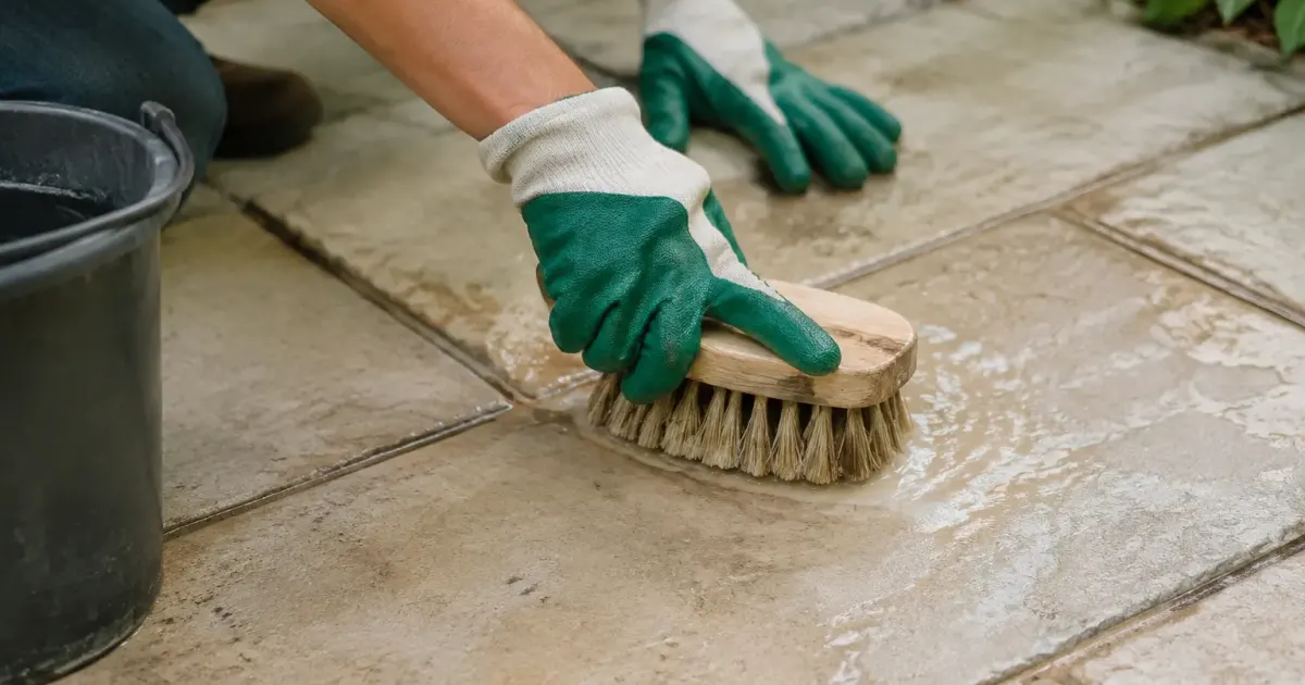 Mains gantees frottant une dalle beige avec brosse rigide