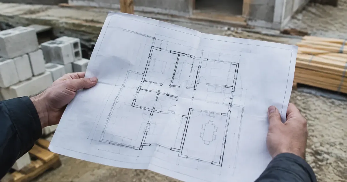 Deux mains tenant un plan de maison sur chantier
