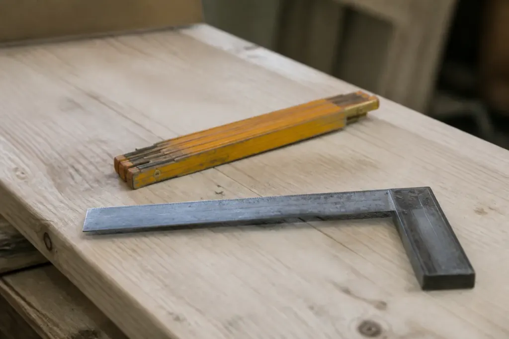 Metre pliant et equerre poses sur une planche claire