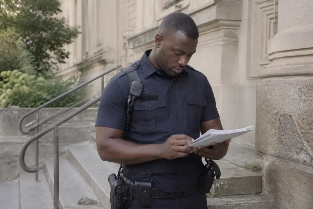 Policier tenant rapport pres batiment municipal