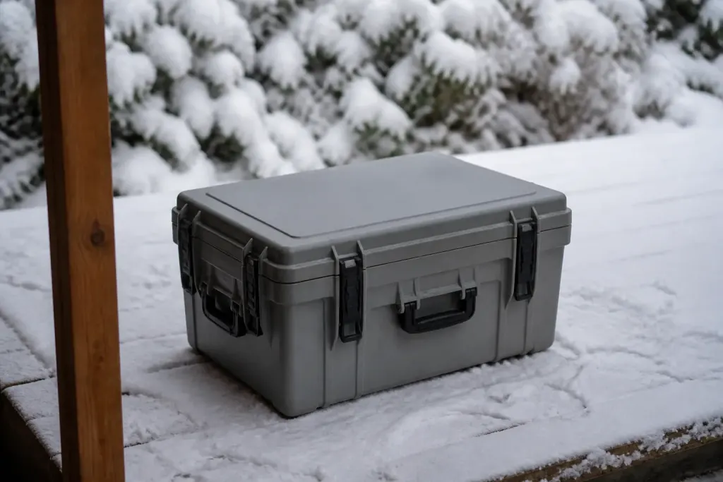 Grand boitier gris pose sur terrasse couverte de neige