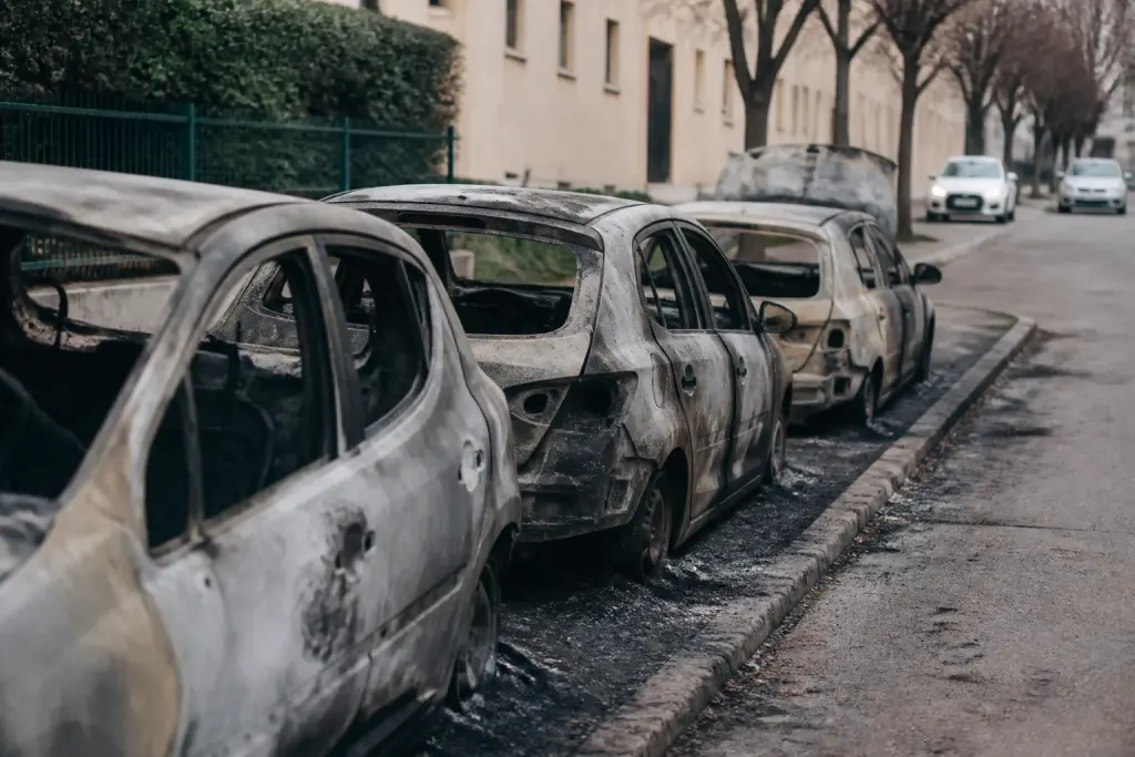 Quartier avec traces de feu sur voitures stationnees
