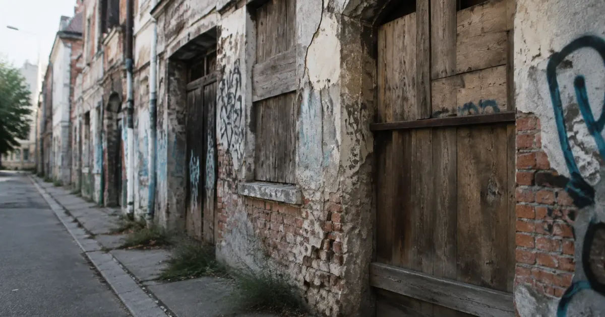 rue abandonnee facades degradees portes barricadees graffitis visibles