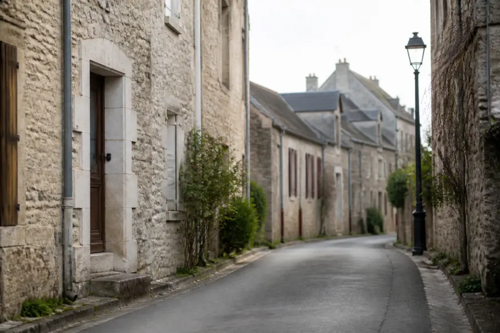 Rue calme bordee de maisons en pierre et lampadaire