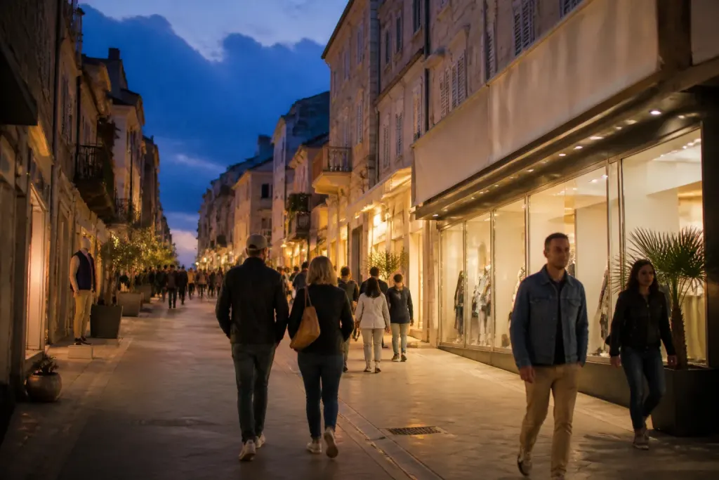 Rue pietonne animee avec boutiques eclairees le soir
