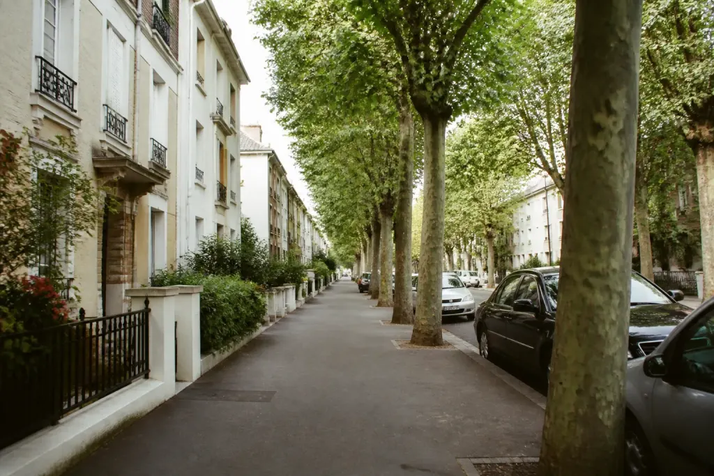 rue residentielle calme avec immeubles bas et arbres alignes