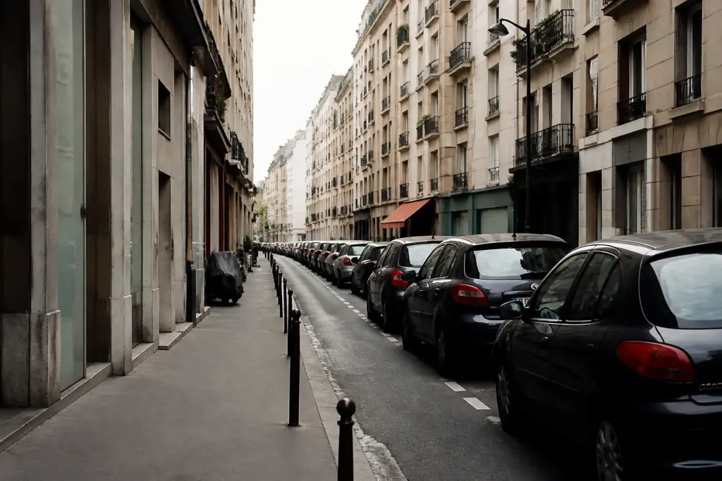 Rue avec voitures stationnes commerces et immeubles