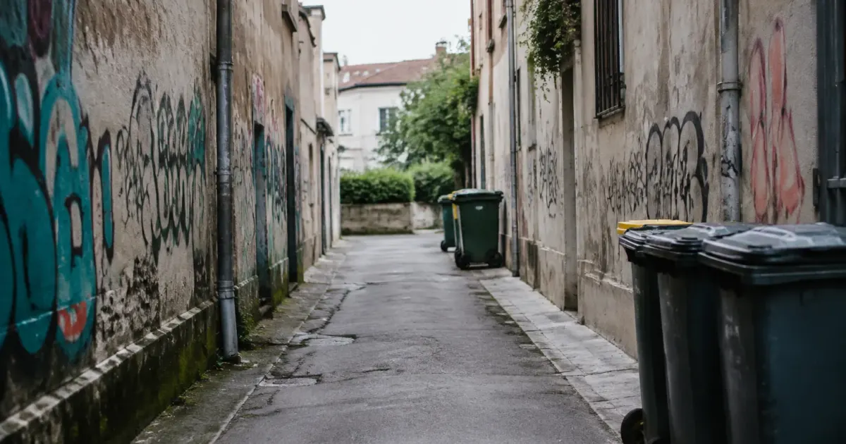 Ruelle vide bordee de murs tags et poubelles