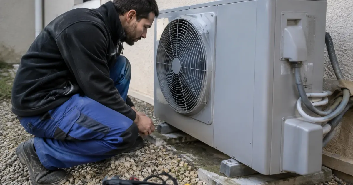 Technicien agenouille a cote dune unite exterieure grise
