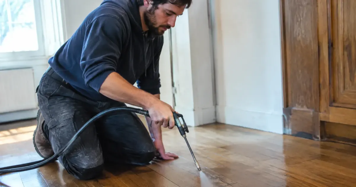 Technicien agenouille pulverise un plancher en bois