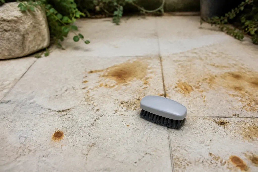Terrasse en pierre tachee de rouille avec brosse