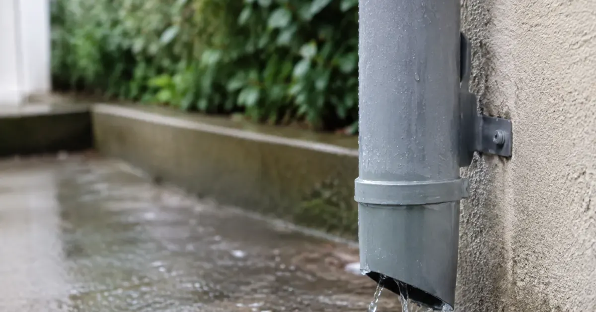 Tuyau gris vertical laissant couler eau pluie